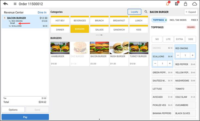 Guest check showing existing variation