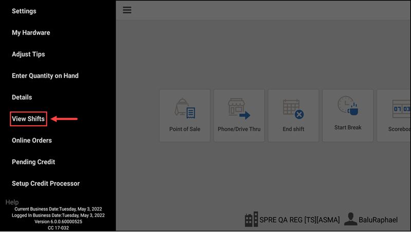 Slide out menu showing view shifts option