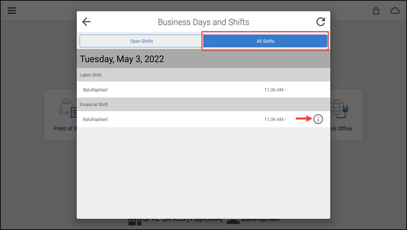 Business days and shifts screen