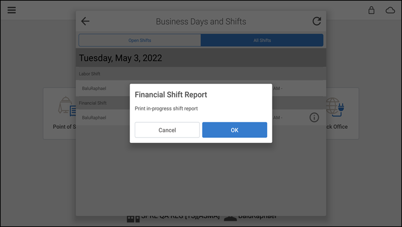 Financial shift report screen