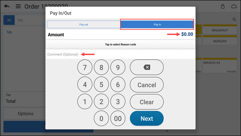 Pay In/Out screen