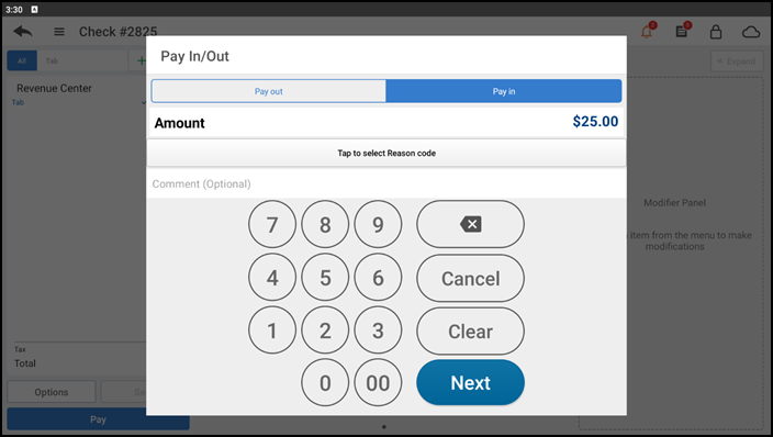 Pay In/Out screen