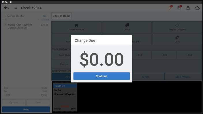 Change due popup window appears