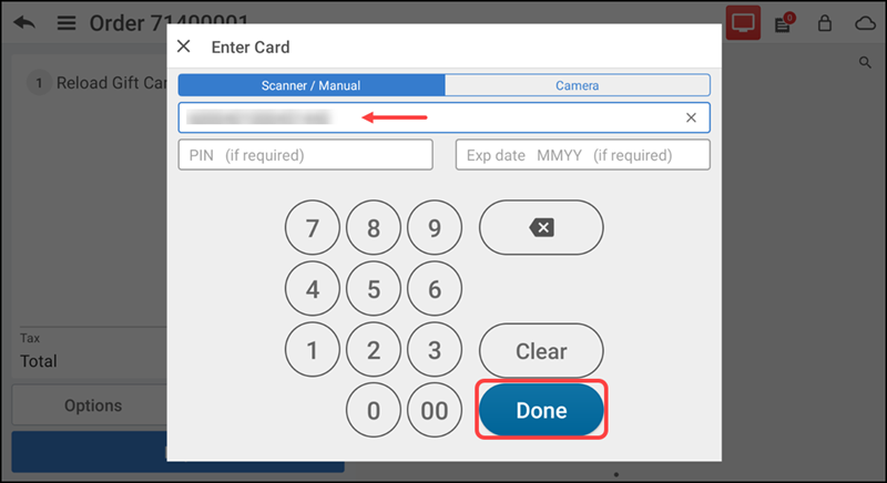 Enter card number screen
