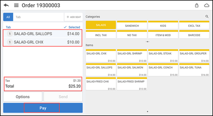 Add items to the guest check and finalize