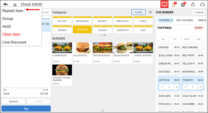 Items screen