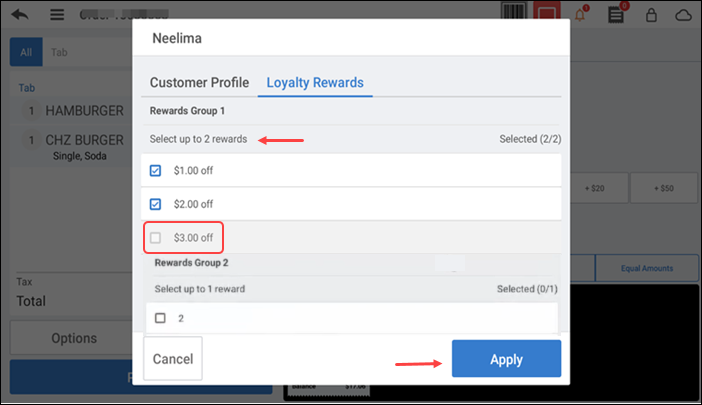 User choice rewards screen