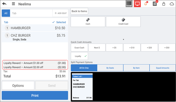 Order entry screen with applied rewards