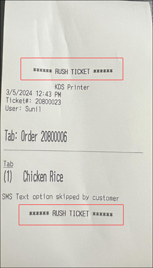 kitchen receipt showing rush order