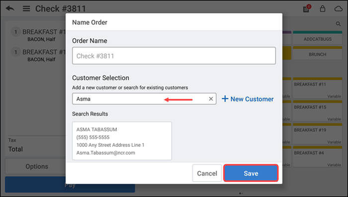 Customer Selection screen