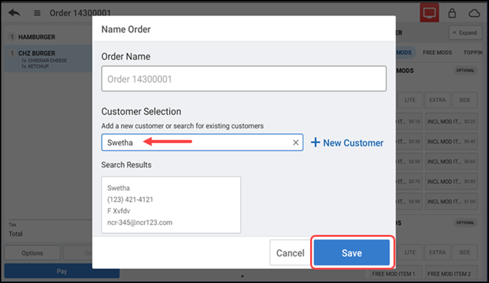 Customer Selection screen