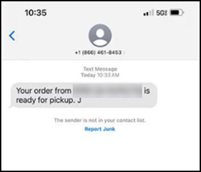Sample order ready SMS text message