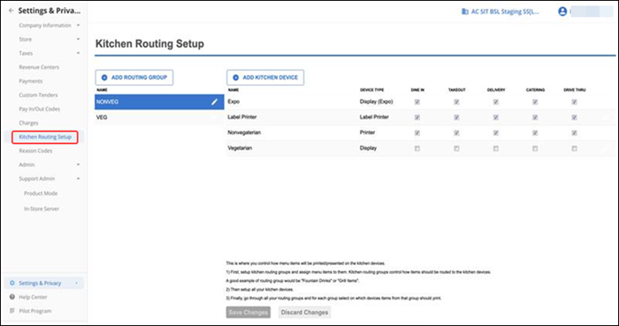 Selecting kitchen routing group option
