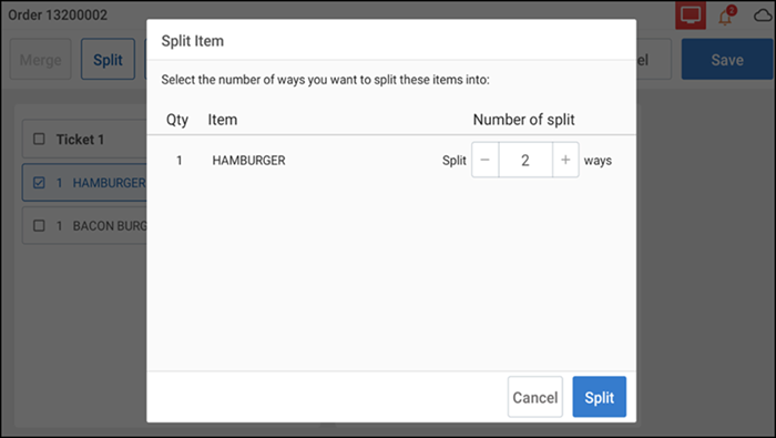 Showing split items on ticket 1