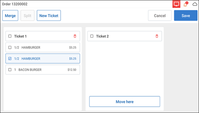 Showing split item on ticket 2