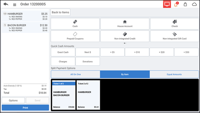 Tender screen showing split tickets
