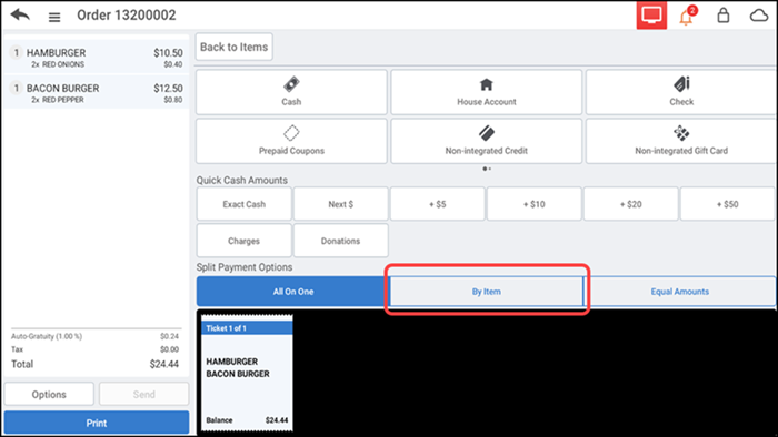 The tender screen with payment options