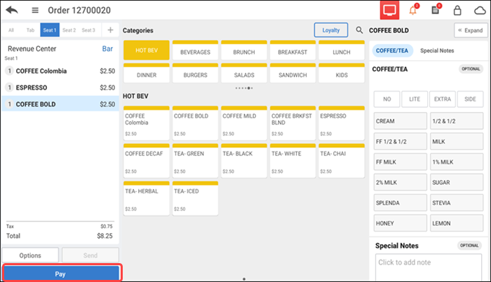 Order entry screen