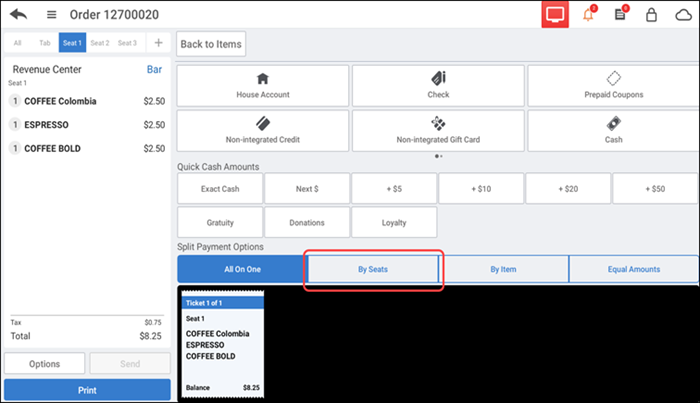 Tender screen showing payment options