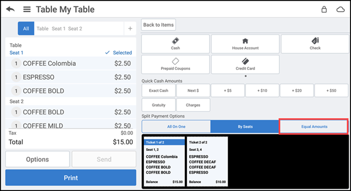Tender screen showing split by equal amounts payment option