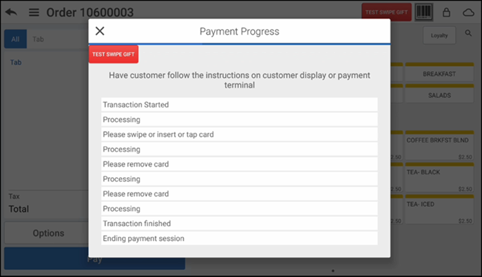 Payment Progress pop-up window