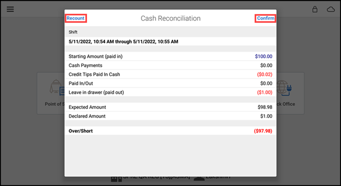 Over/Short amount