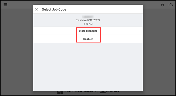 Select Job Code screen