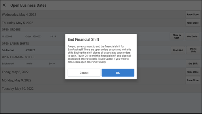 End Shift prompt