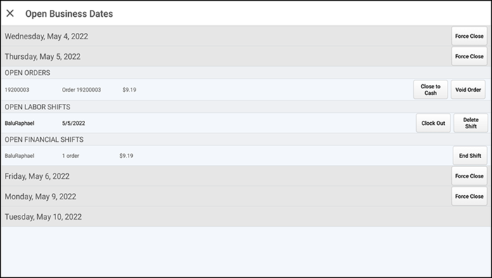 Open Business Dates screen