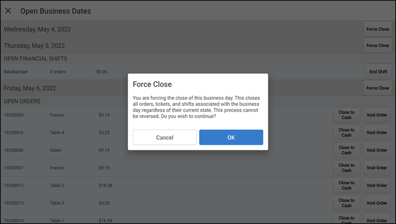 Open Business Dates screen