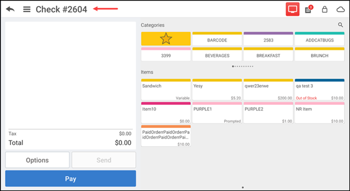 Order entry screen