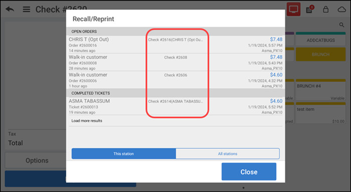 Recall/Reprint screen