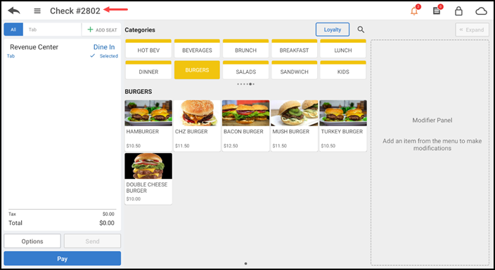 Order entry screen