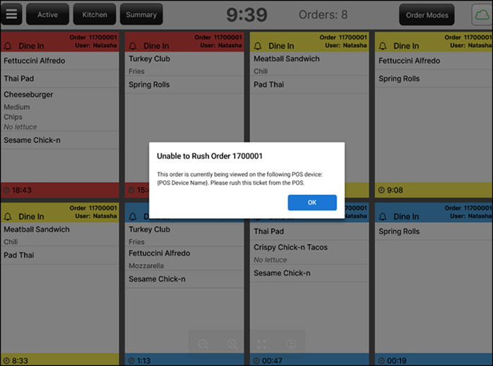 Error that appears when you attempt to rush order from EXPO screen