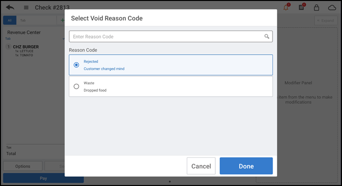 Select a void reason code