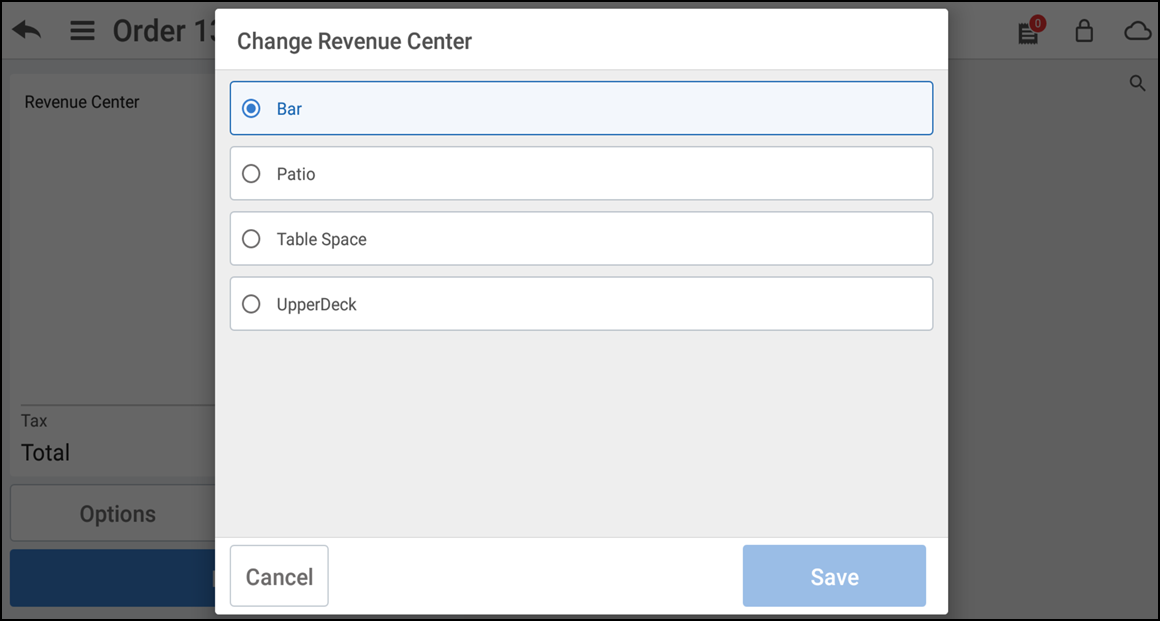 Change revenue center screen