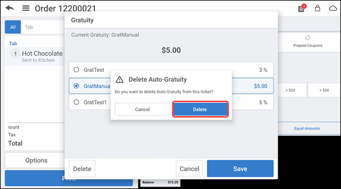 Tap Remove to remove the gratuity