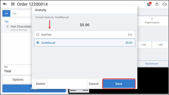 Tap Gratuity to view Gratuity screen