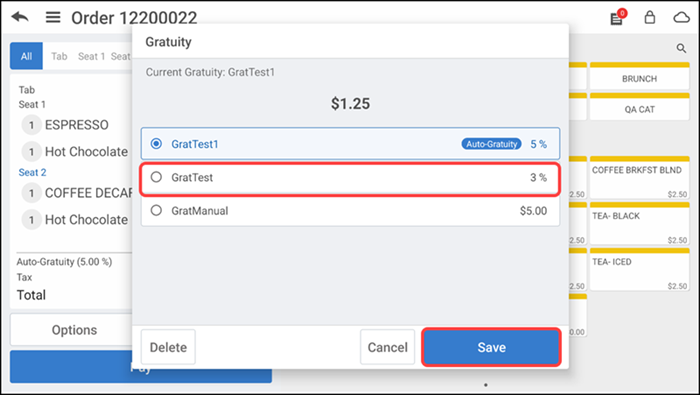 Tap the gratuity line item