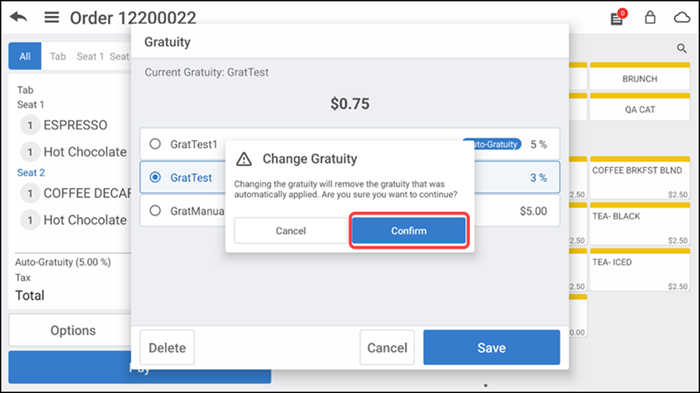Tap the gratuity percentage