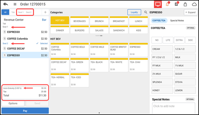 Ensure the guest check is active on the order entry screen
