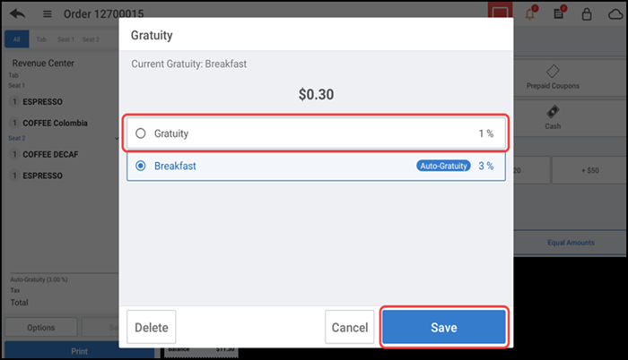 Tap the gratuity line item