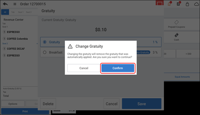 Tap the gratuity percentage