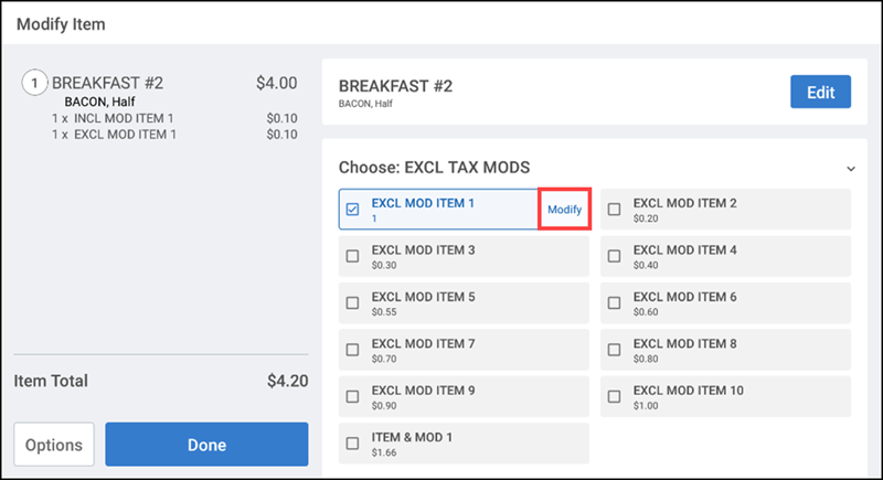 enter optional modifier selections