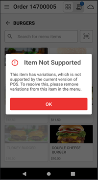 Warning popup when variations configured item is selected