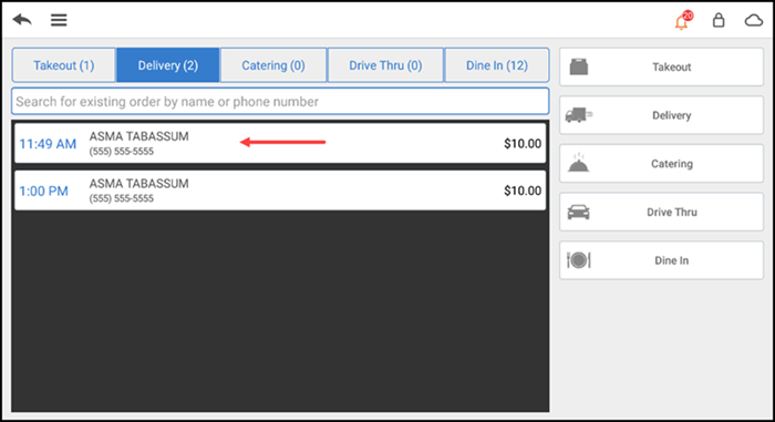 Tap Phone/Drive Thur and select desired order type