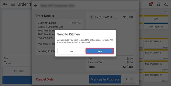 Tap Yes to send the order to the kitchen