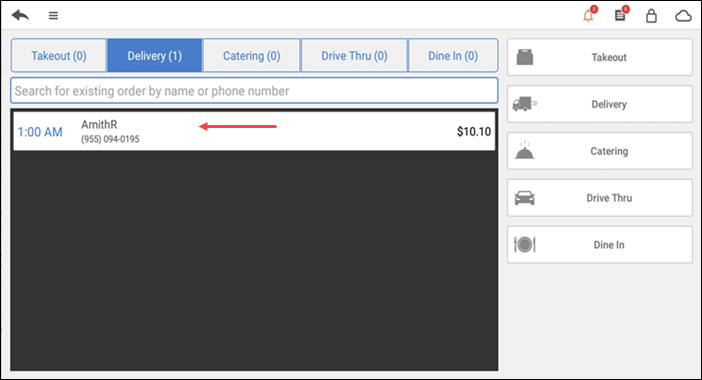 Tap Phone/Drive Thur and select desired order type