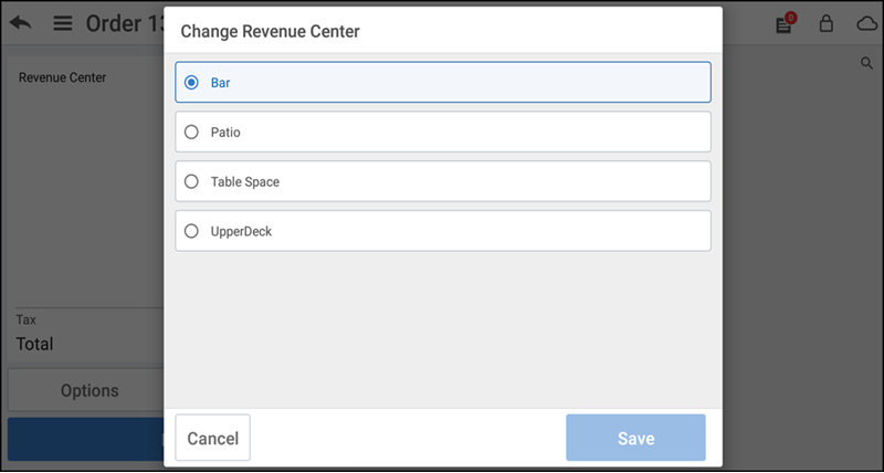 Change revenue center screen