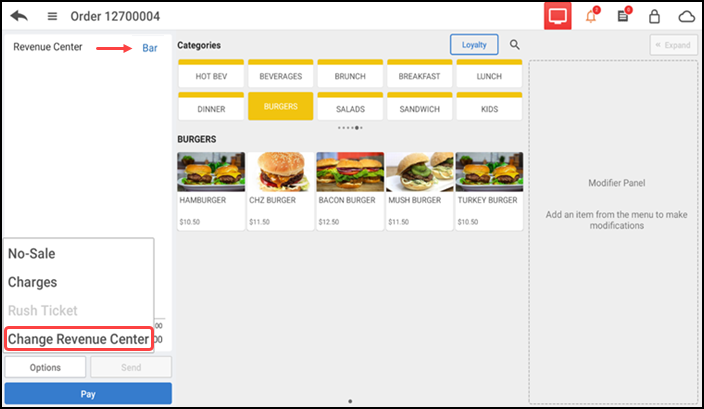 Order entry screen